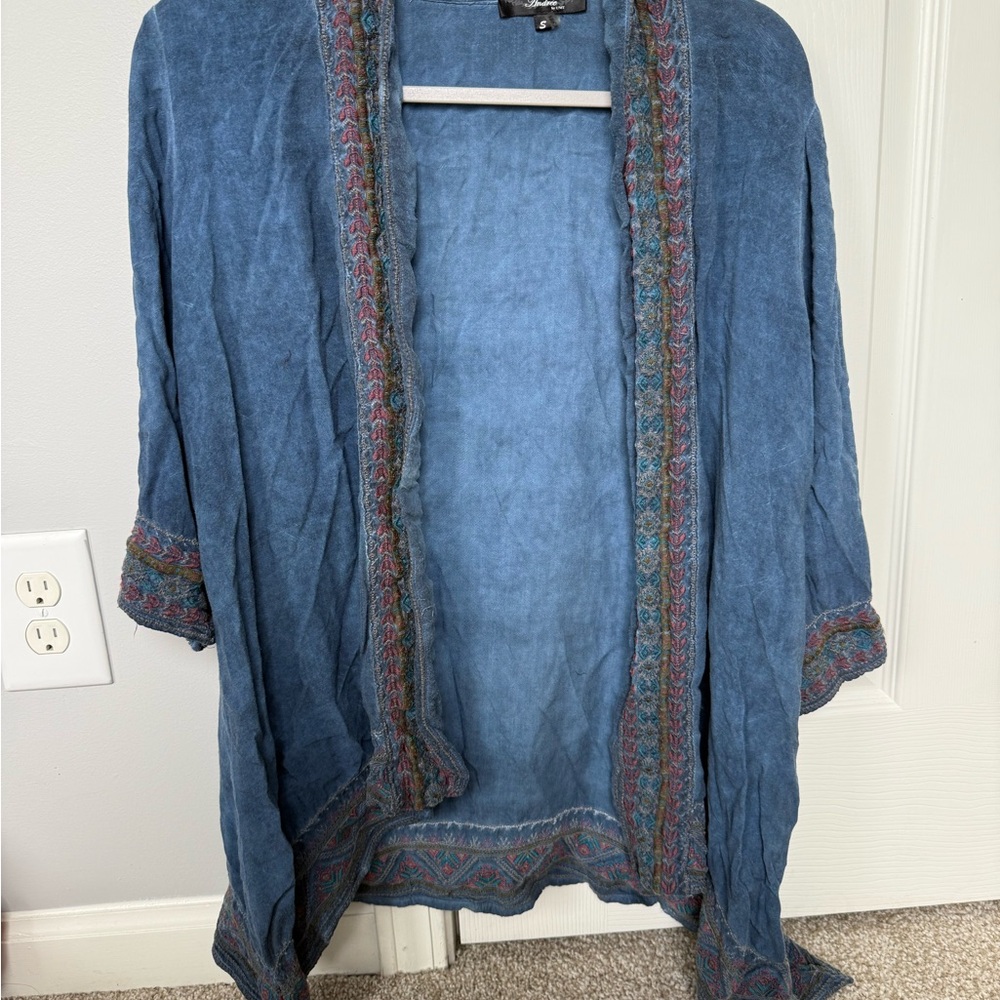 ANDREE BY UNIT Blue Cardigan Sweater with Textured Trim